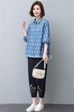 套装女2022秋季新款时尚休闲妈妈两件套牛仔绣花，女装大码女装，奕阳依阁