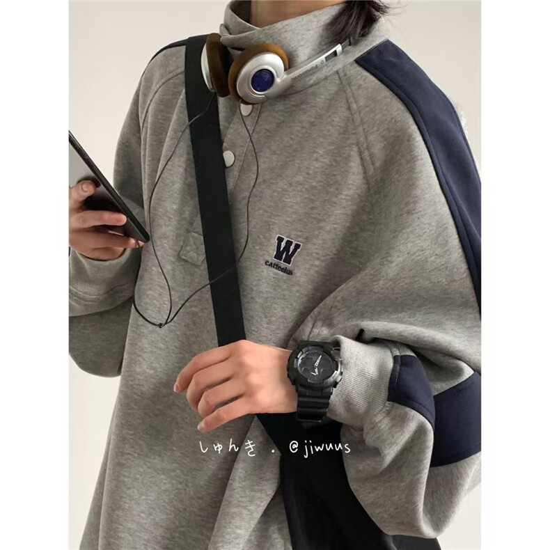 A03-P32灰色拼接立领卫衣男秋冬款潮牌无帽美式复古重磅撞色,男装卫衣,电商B323A