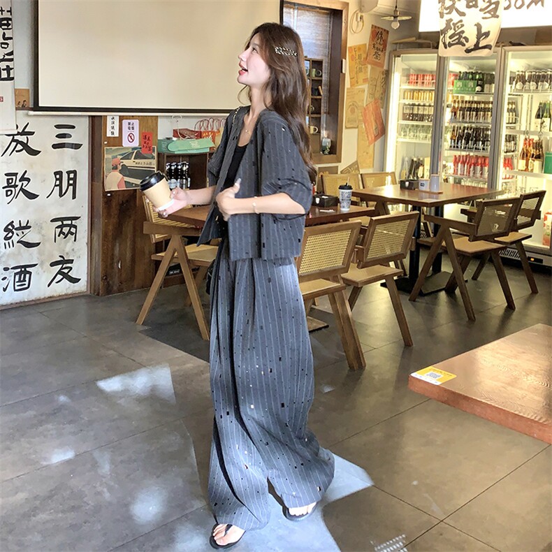 韩版时尚设计感西装上衣套装女2025夏季新款显瘦镂空阔腿裤两件套,女装套装/套裙,2C301