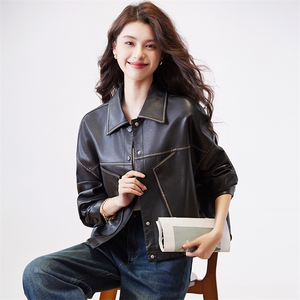 复古拼色皮衣短外套女2024春秋新款高级感小个子机车PU皮夹克上衣图片