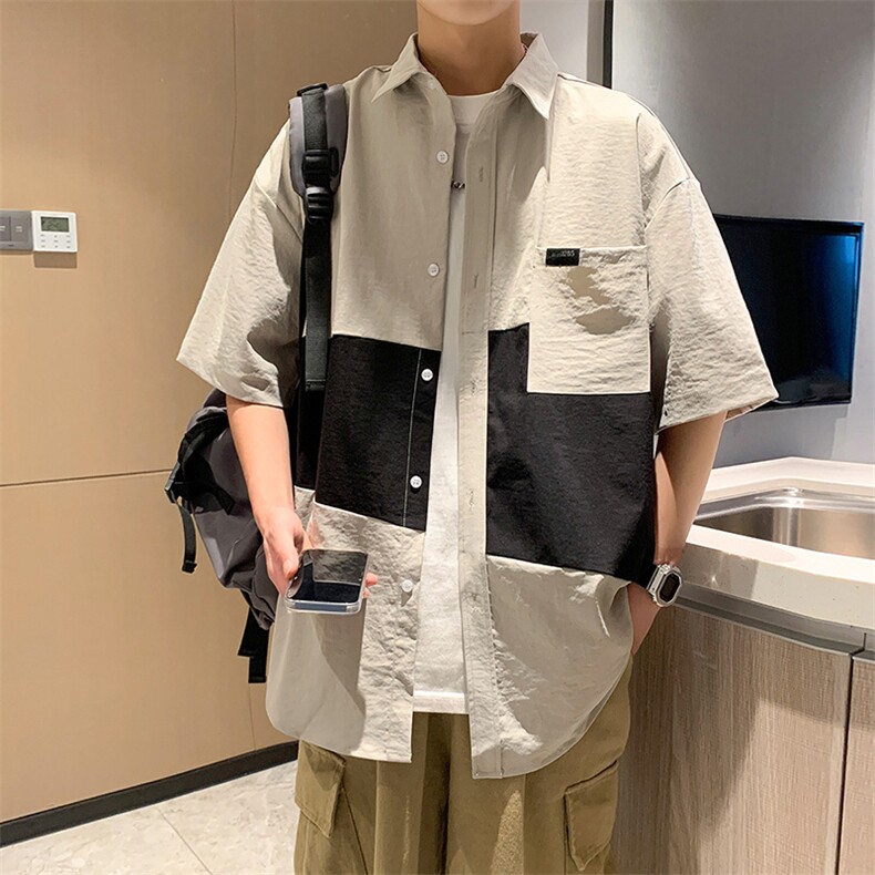 24年港风夏款工装拼接宽松短袖衬衫男CS114P40,男装衬衫,星座1204-3