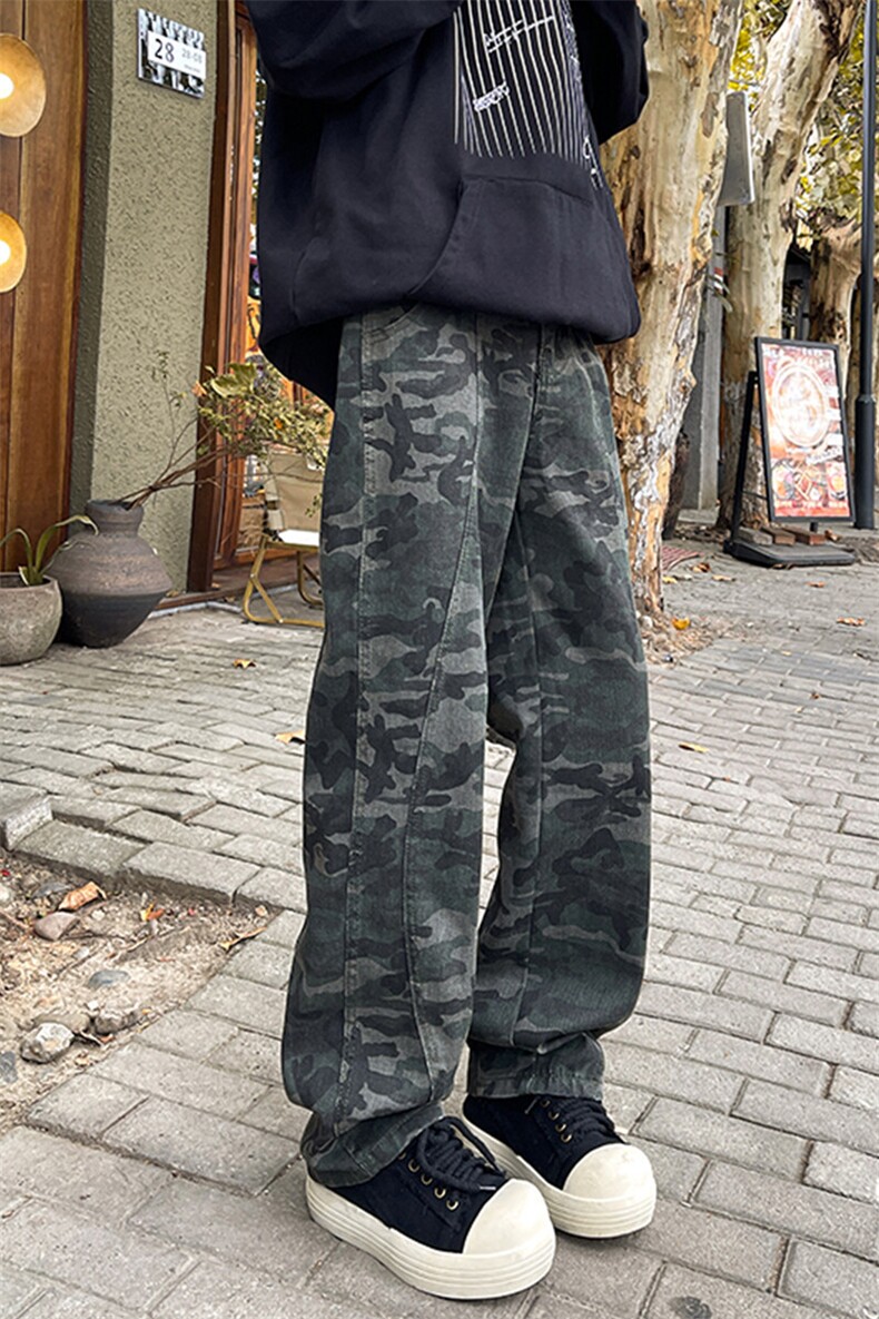 春季迷彩裤子男直筒牛仔工装裤美式vibe伐木裤阔腿拖地裤KZ029P60,男装牛仔裤,电商B312