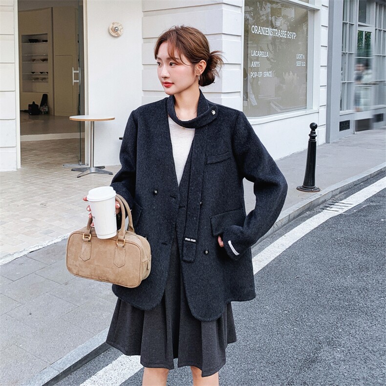 韩系黑色收腰双面呢羊毛西装外套女秋冬2025新款气质高级感大衣,女装毛呢外套,2B187