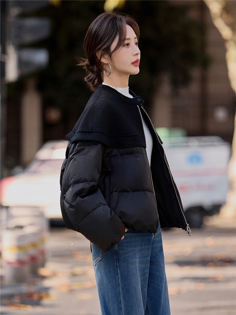 黑色短款休闲拼接羽绒服女2026冬季新款圆领休闲百搭上衣,女装羽绒服,梦懿尔