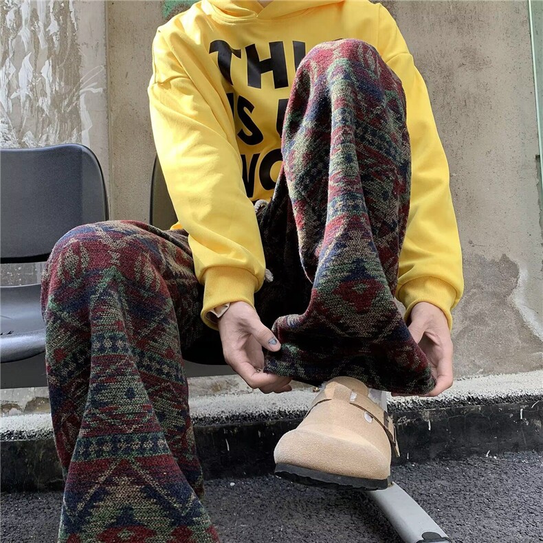 针织脏脏风男款秋季民族风提花阔腿裤加厚毛呢直筒休闲裤KA662,男装休闲裤,星座1116A-1（原606A）
