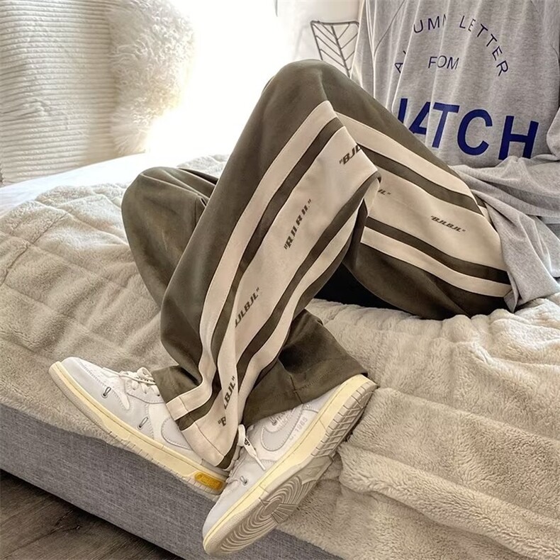 麂皮绒条纹休闲裤男秋季美式vibe直筒裤宽松拖地运动裤L2307-p40，女装休闲裤，星座1008-2