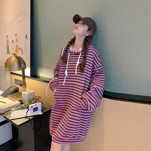粉色连帽卫衣连衣裙女2024春秋新款小个子学院风减龄长袖T恤裙子图片