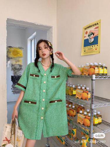 绿色粗纺中长连衣裙，女装连衣裙，YOUER DENG