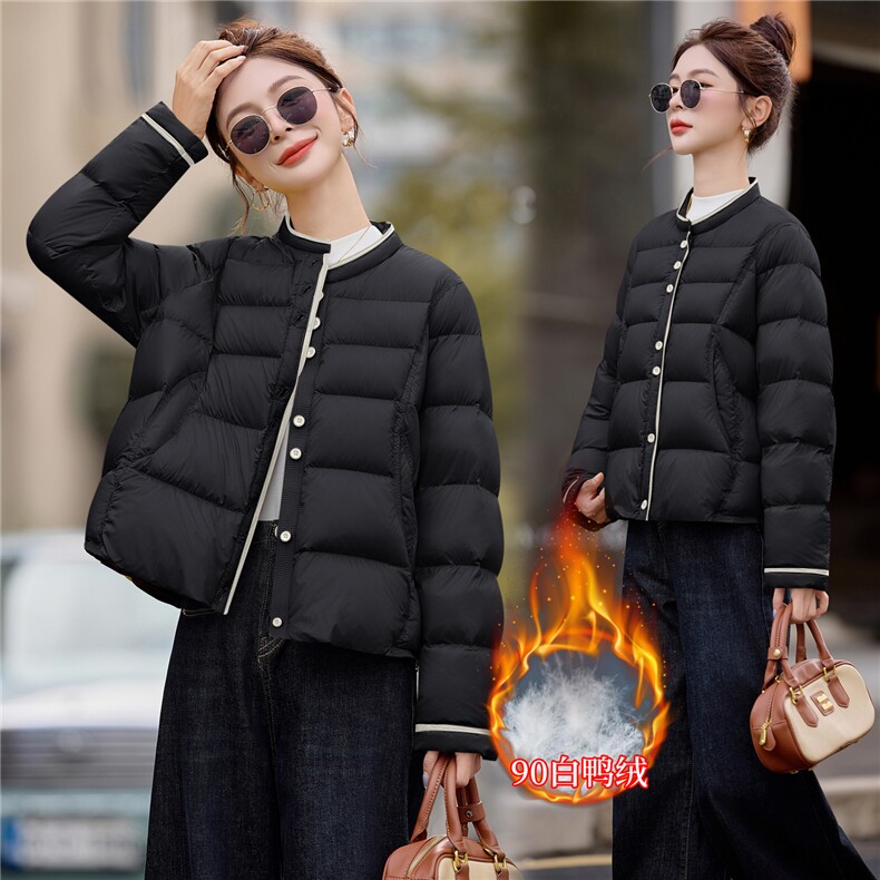 黄色时尚立领短款羽绒服女2025冬季新款宽松百搭超好看白鸭绒外套,女装羽绒服,余墨