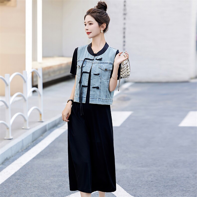现货洋气短袖牛仔套裙女2024夏季新款时尚优雅范牛仔两件套,女装套装/套裙,涵墨