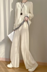 2025新款100羊毛假两件毛衣+阔腿裤休闲套装女时尚拼色宽松两件套，女装套装/套裙，昭美羊绒