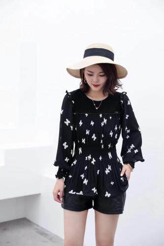 【现货】秋季新款时尚修身压皱花色雪纺针织拼接上衣，其它，名怡