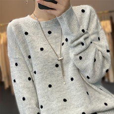 时尚创意波点圆领针织衫女秋季加厚宽松显瘦毛衣气质羊毛上衣，女装针织衫/毛衣，雪真羊绒