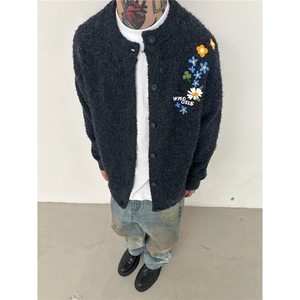美式复古花朵刺绣开衫毛衣男女韩系慵懒风宽松休闲情侣针织衫外套