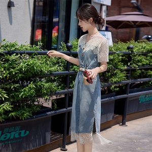 欧货时尚连衣裙女夏季新款韩系洋气减龄蕾丝拼接牛仔开叉半身裙潮图片