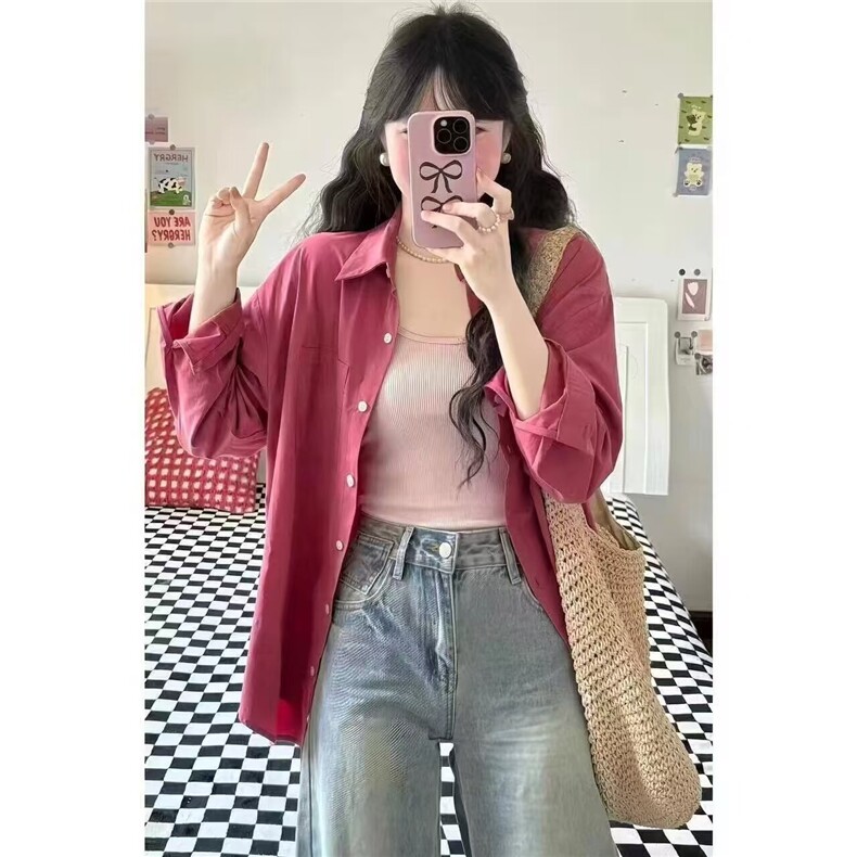 粉色衬衫女装纯棉2025新款慵懒风宽松长袖上衣小个子衬衣百搭外套,男装衬衫,星座1210-1