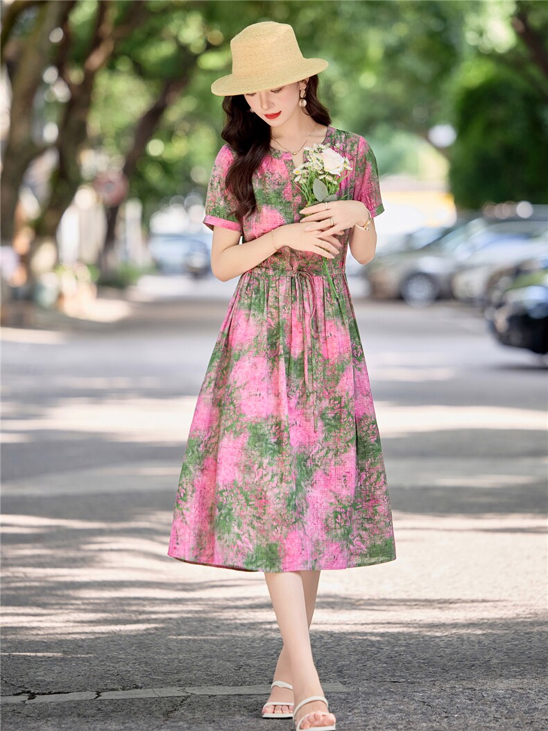温柔甜美印花棉麻短袖连衣裙女2026夏季薄款舒适系带收腰气质长裙,女装连衣裙,倪叶myz