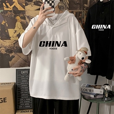 LD54001-P45连帽短袖t恤男大码胖子带帽五分袖中袖，男装T恤，电商A040