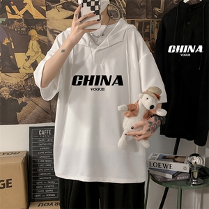 LD54001-P45 连帽短袖t恤男大码胖子带帽五分袖中袖图片