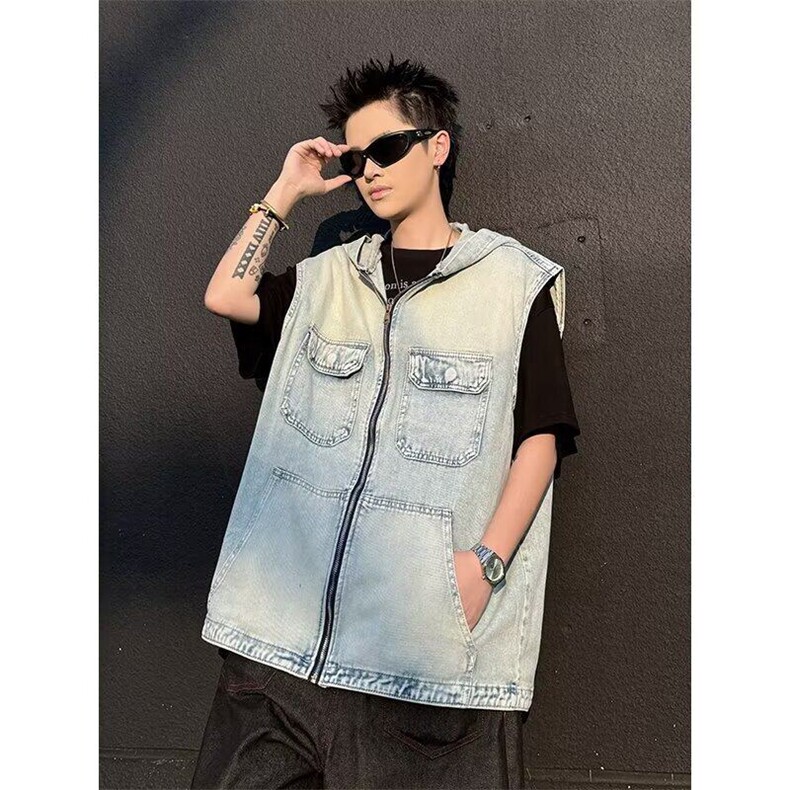 美式复古做旧连帽马甲潮流宽松休闲时尚设计感夹克,男装夹克,星座410-7