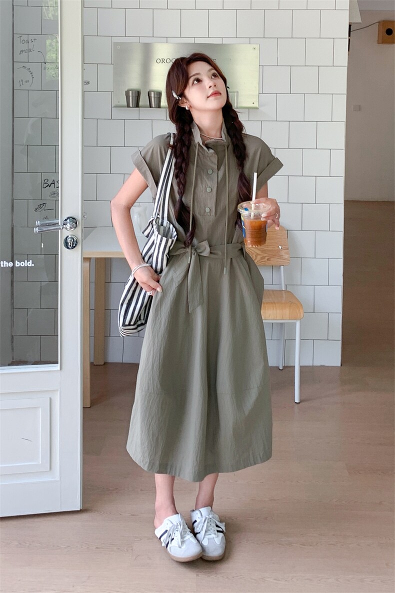 可盐可甜工装风绿色连衣裙女2025年夏季新款设计感收腰显瘦A字裙,女装连衣裙,2D014