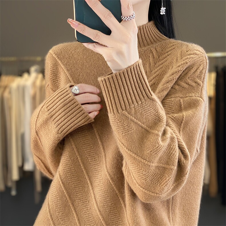 2025年秋季时尚百搭通勤简约休闲高领长袖羊毛衫,女装羊毛衫,贝美羊绒