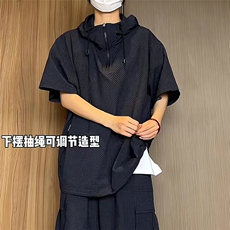 胖子日系新款美式休闲运动连帽宽松纯色拉链T恤T68-Tp35，男装T恤，电商A089-1