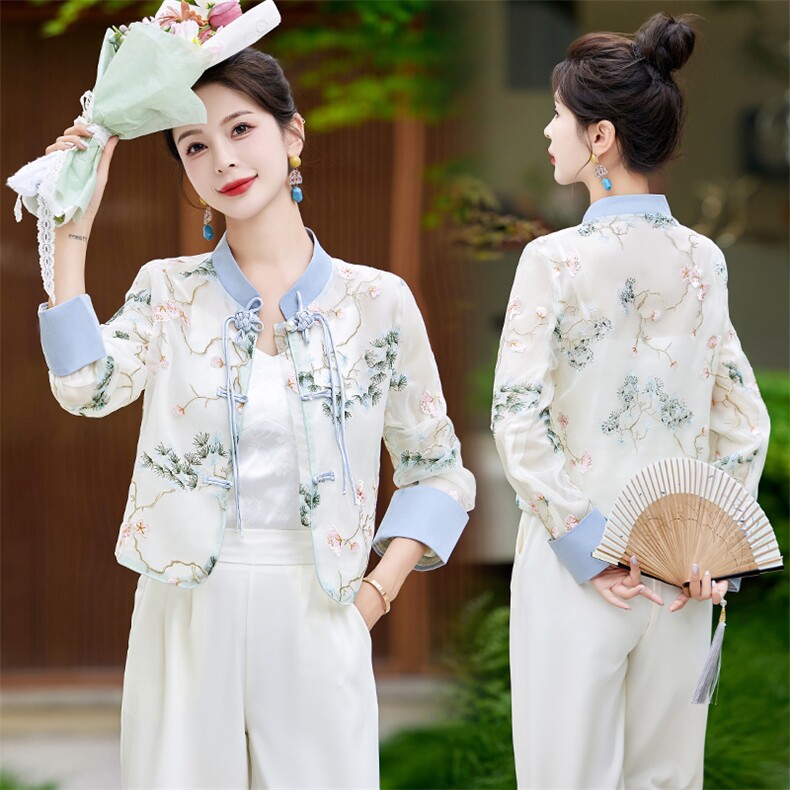新中式国风阔腿裤女2024夏季新款气质禅意刺绣盘扣上衣，女装防晒衣，韩美纤衣