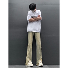 现货24春夏黄泥开叉毛边宽松牛仔裤设计感微喇休闲裤男K5803-P55，男装牛仔裤，星座205