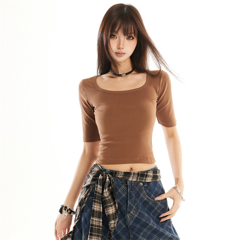 2026春季新款美式辣妹U领五分袖T恤女修身纯色短款上衣YD271-P30,男装T恤,星座509