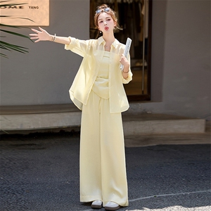 小香风时尚套装女2026新款洋气减龄夏季防晒衬衫吊带阔腿裤三件套图片