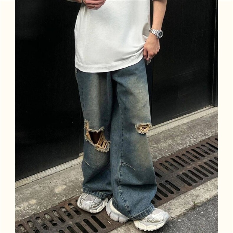 破洞直筒牛仔裤男宽松高腰复古小众扎染设计感阔腿裤YA9069-P45,男装牛仔裤,星座208-5
