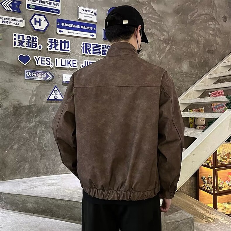 美式复古做旧机车风休闲宽松立领皮衣外套男女同款A140/P78,男装皮衣,星座506