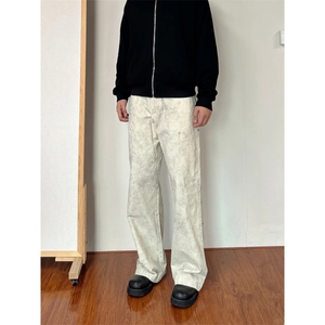 1506/QM1180/P57美式风大理石纹复古直筒休闲工装裤子男女同款,灰色裤子搭配黑色大衣图片