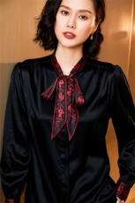 新款都市飘带气质优雅时尚桑蚕丝衬衫，女装衬衫，宋氏羊绒