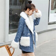 时尚拼接羊毛羔毛呢大衣女冬季新款加厚保暖外套显瘦百搭气质上衣，女装棉衣/棉服，秋水欣儿