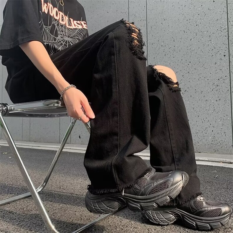 美式破洞牛仔裤男夏季宽松潮牌街头小众直筒微喇休闲裤62288-p40,男装休闲裤,星座1008