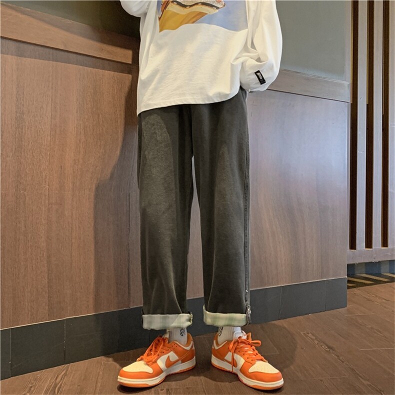 翻边阔腿牛仔裤男ins港风日系宽松直筒潮牌设计感白色工装长裤,男装牛仔裤,星座218-1（原230）