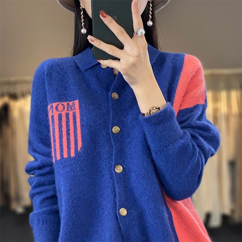 25春秋新款100%羊毛开衫女POLO领针织毛衣宽松拼色长袖羊绒衫外套，女装羊毛衫，秋虹羊绒