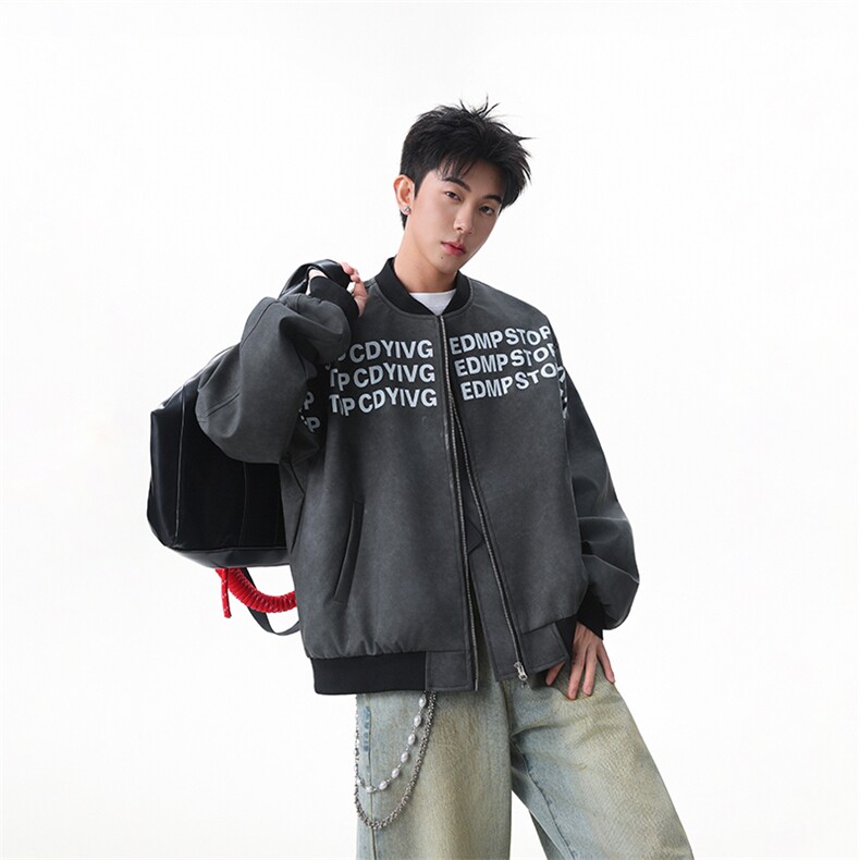 字母印花美式棒球服男高级感痞帅飞行员夹克PU皮衣服国潮高街外套,男装夹克,星座218-7