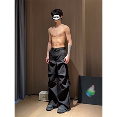 褶皱黑色工装裤男春秋cleanfit美式痞帅高级感裤子加绒阔腿西装裤，男装西裤，星座603-2