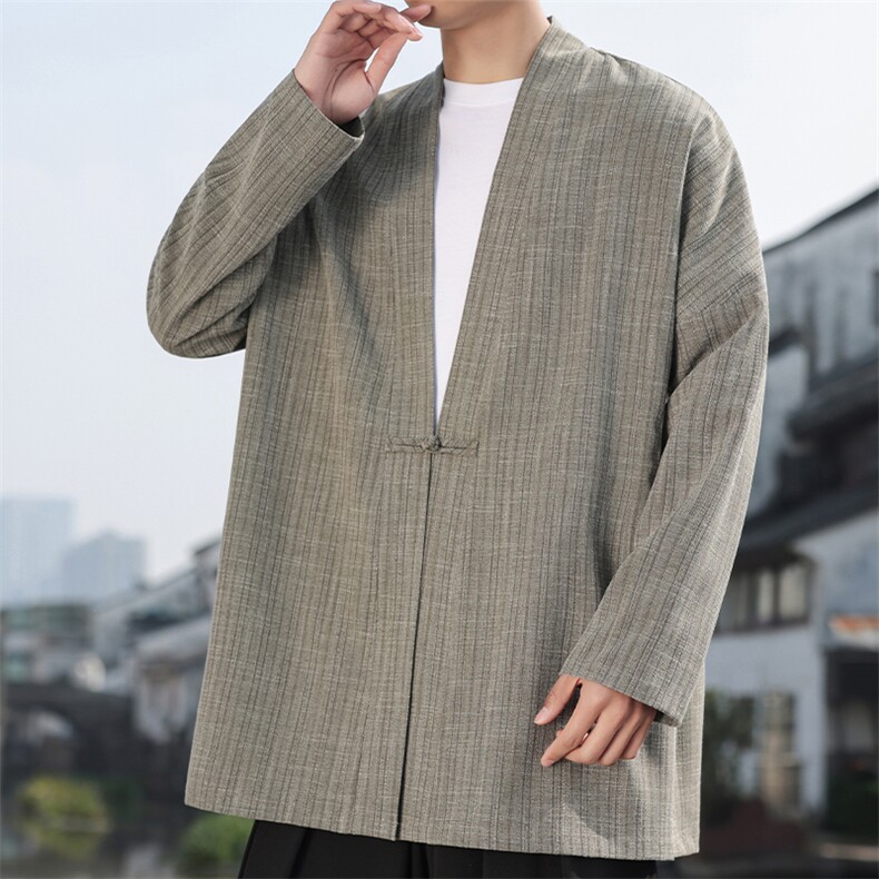 2026风男春夏长外套褂子盘扣条纹提花风衣仿麻披风J09-P105,男装风衣,电商B277(原6028)