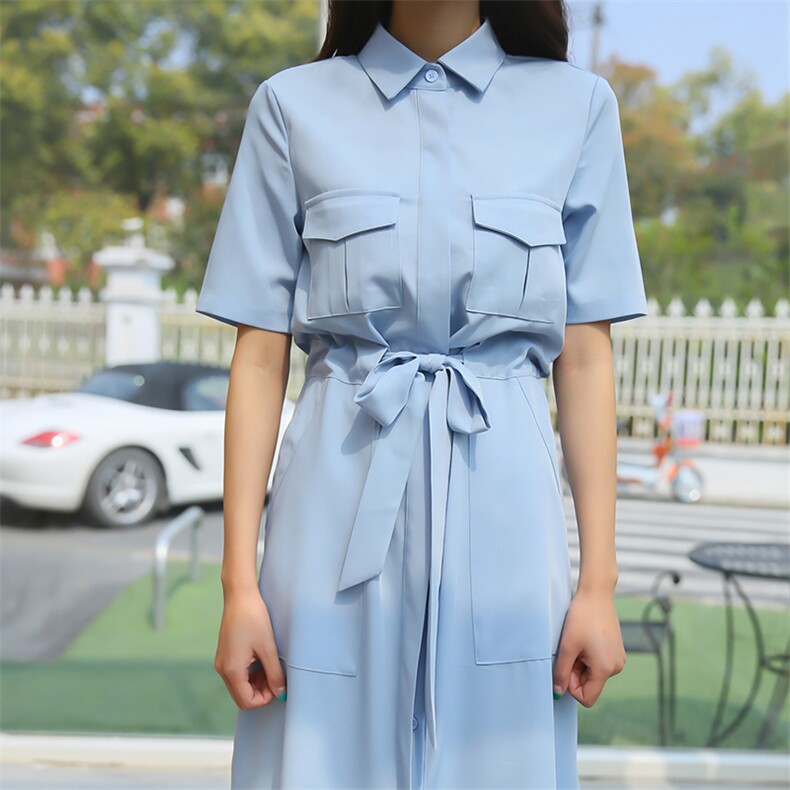 抽绳收腰2021夏季韩版时尚宽松显瘦百搭翻领短袖连衣裙,女装连衣裙,奕阳依阁