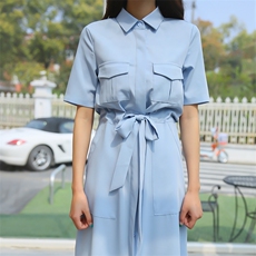 抽绳收腰2021夏季韩版时尚宽松显瘦百搭翻领短袖连衣裙，女装连衣裙，奕阳依阁