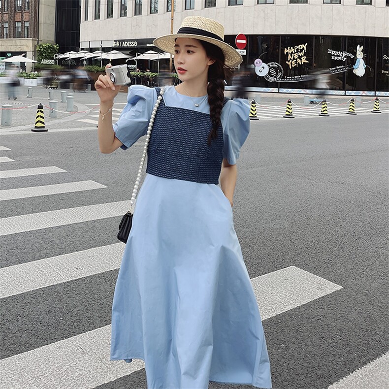 法式复古气质泡泡袖连衣裙套装女2025夏季新款显瘦背带马甲两件套,女装连衣裙,韩蜜菓