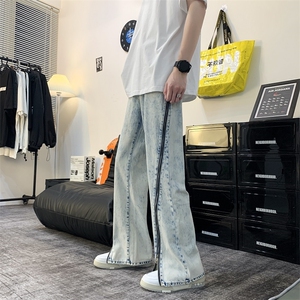 做旧水洗高街拉链vibe风牛仔裤男潮牌嘻哈设计感美式裤N08803-P53图片