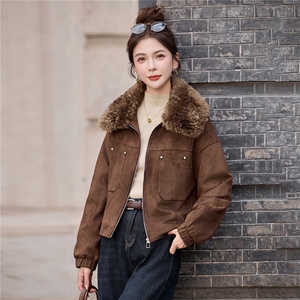 复古咖色麂皮绒加绒外套女2025秋冬小个子超好看加厚保暖棉服上衣图片