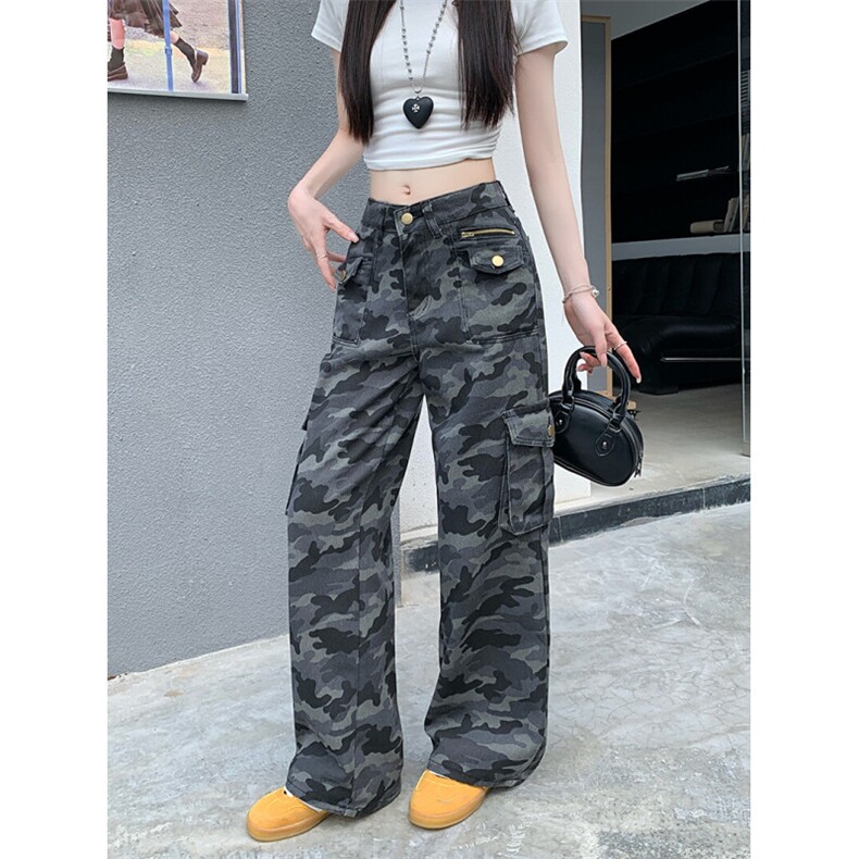 AK2332-P55美式高街工装迷彩牛仔裤女新款高腰宽松显瘦阔腿拖地裤,女装休闲裤,星座617A-2