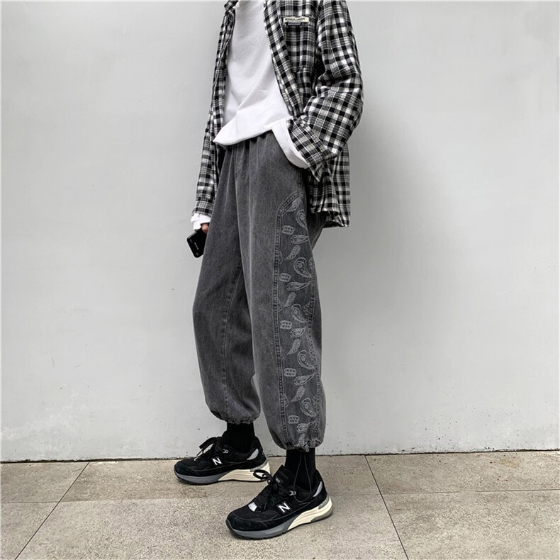 春装主推！男士直筒牛仔裤宽松抽绳拼接坠感阔腿裤印花潮N99-P45图片