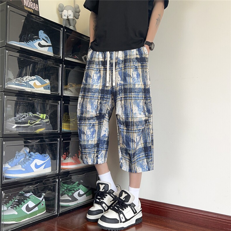 2026夏美式扎染冰丝凉感褶皱速干阔腿短裤七分裤K9909/特P38蓝,男装牛仔裤,电商A094